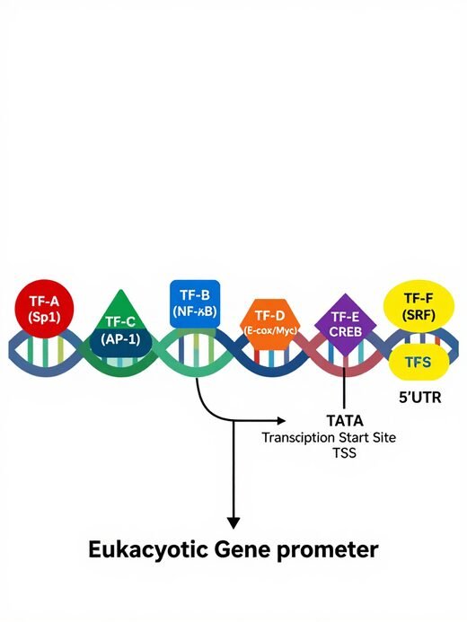 Eukaryotic gene promoter diagram with transcription factors bound upstream of the transcription start site