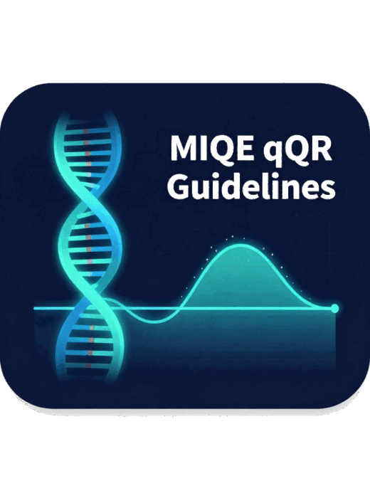 MIQE qPCR guidelines card with DNA helix and amplification curve graphic