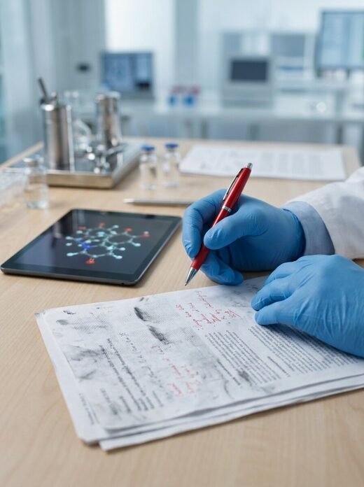 Scientist in a lab coat reviewing a research manuscript with a red pen