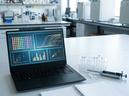 Laptop showing qPCR amplification curves and fold-change analysis in a laboratory